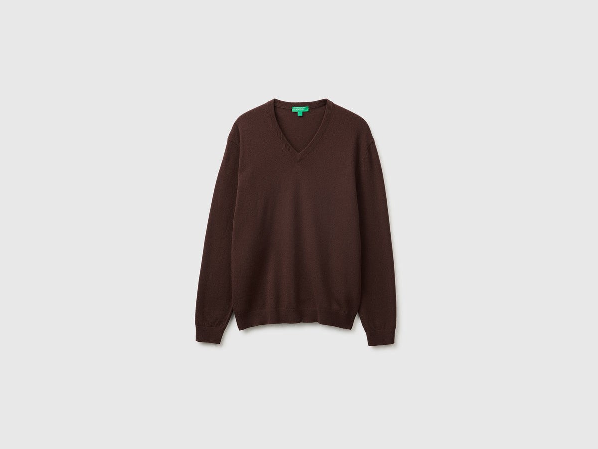 Maglia scollo a V marrone testa di moro in pura lana Merino