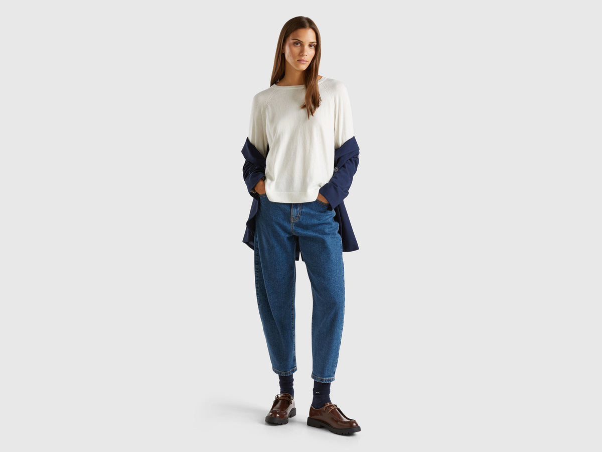 Maglia girocollo panna in misto lana e cashmere