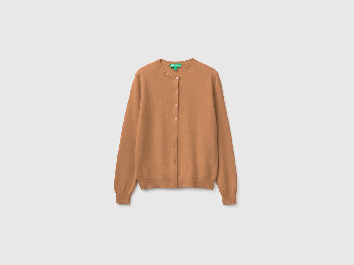 Cardigan girocollo cammello in pura lana Merino