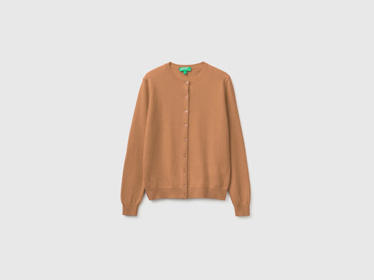 Cardigan girocollo cammello in pura lana Merino