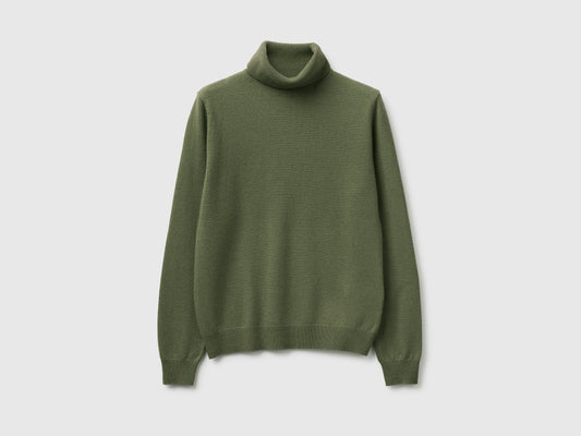 Maglione dolcevita verde militare in pura lana Merino