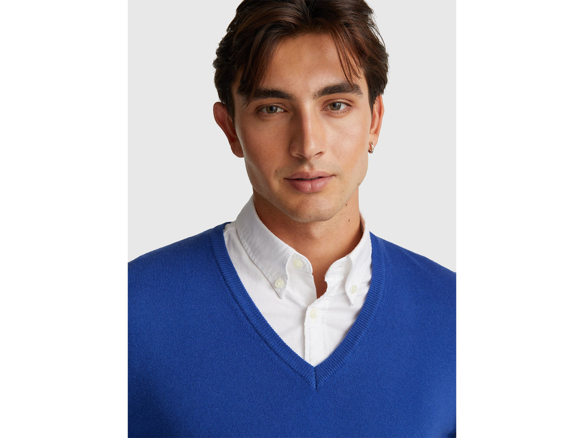 Maglia scollo a V bluette in pura lana Merino