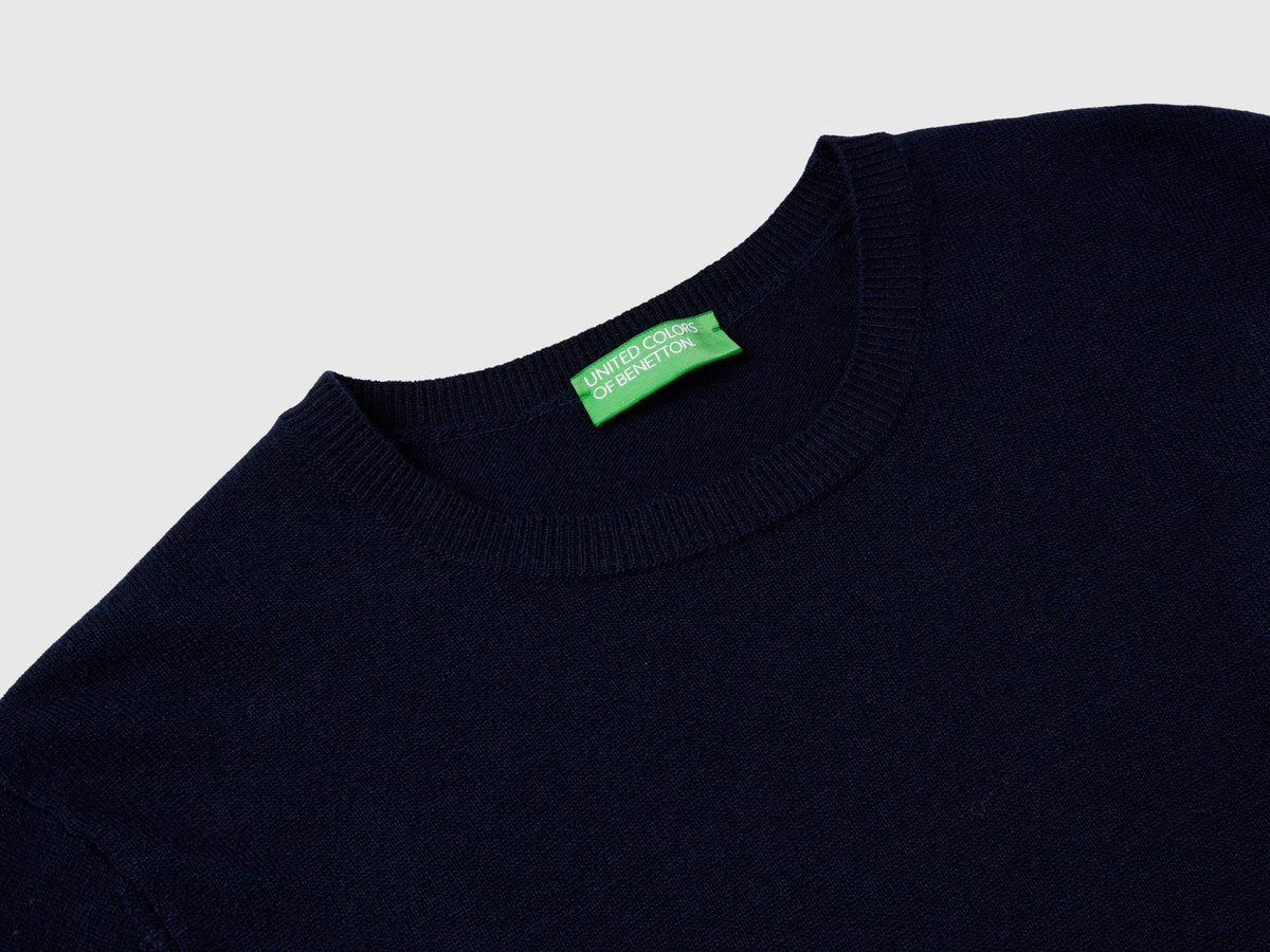 Maglia girocollo blu scuro in pura lana Merino