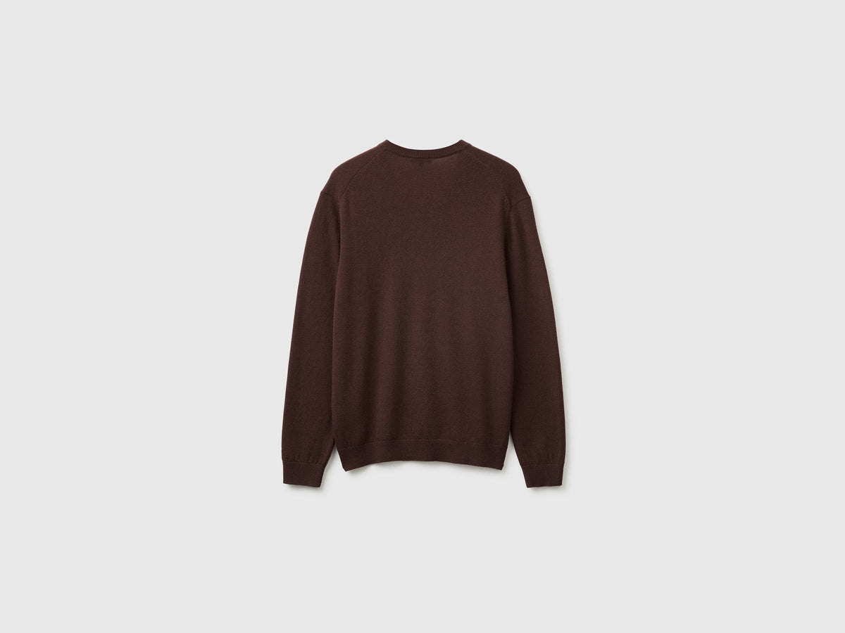 Maglia scollo a V marrone testa di moro in pura lana Merino