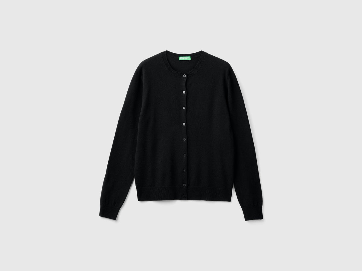 Cardigan girocollo nero in pura lana Merino
