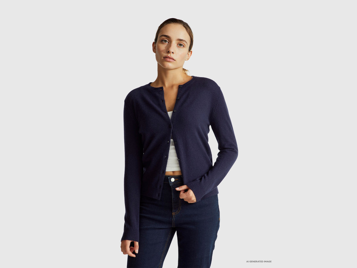 Cardigan girocollo blu scuro in pura lana Merino