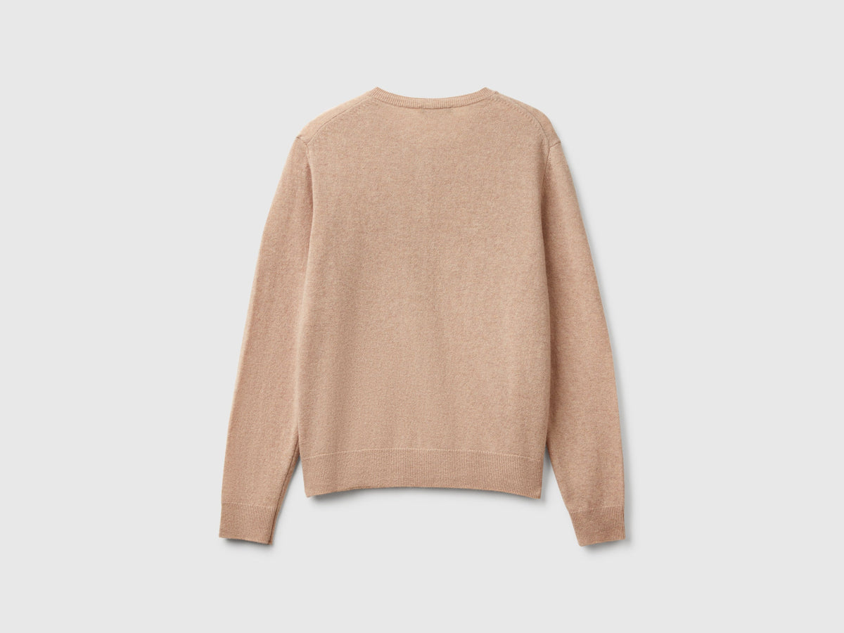 Cardigan girocollo beige in pura lana Merino