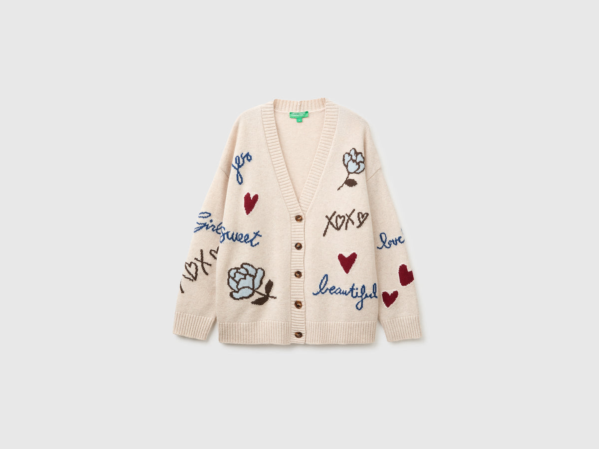 Cardigan 100% lana con intarsio floreale