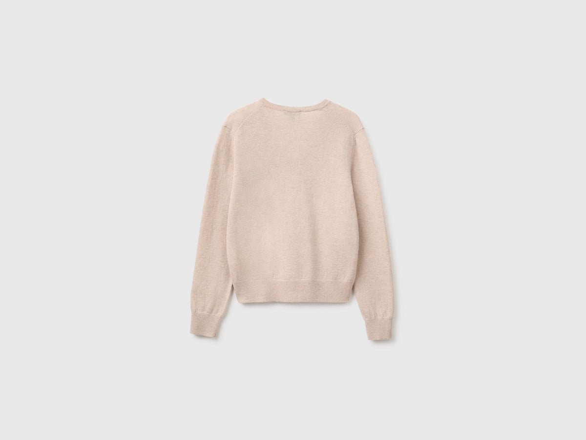 Maglia scollo a V beige in pura lana Merino