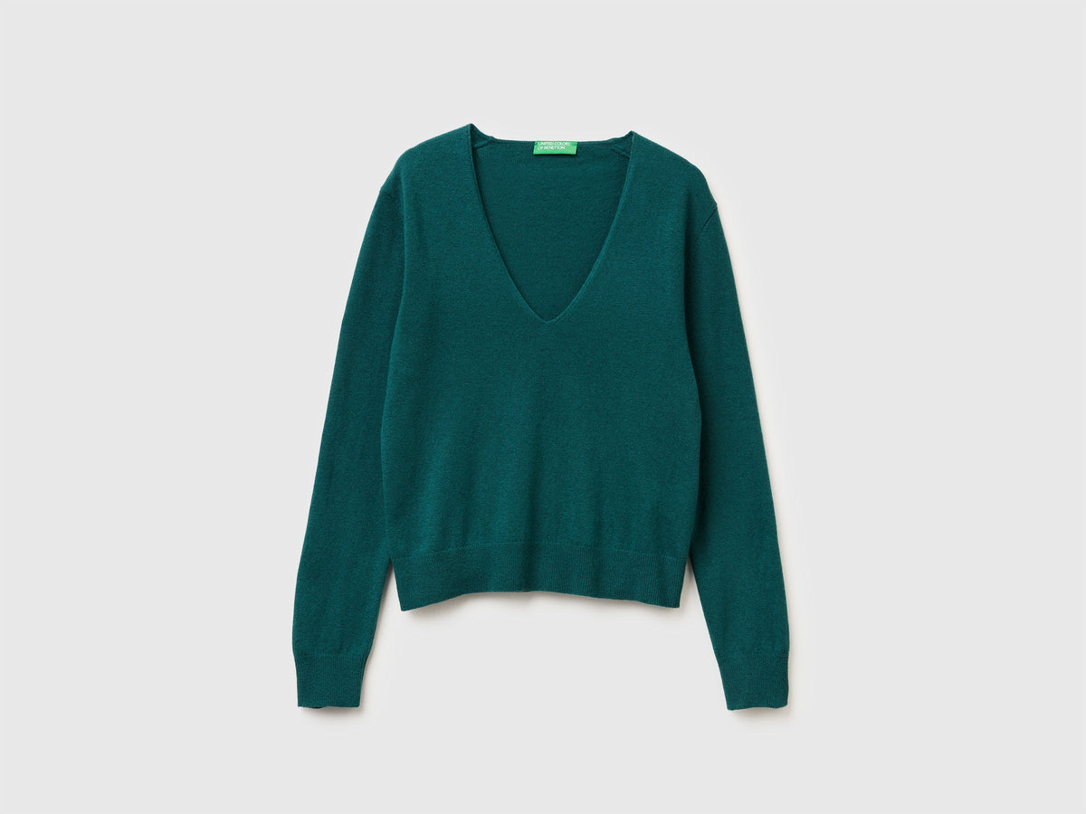 Maglione verde con scollo a V in pura lana Merino