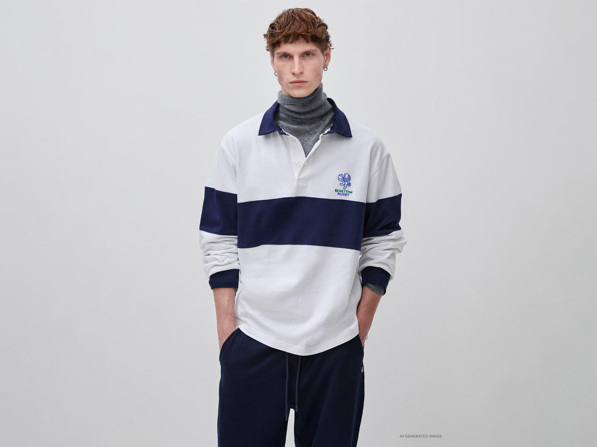 Polo bianca e blu Benetton Rugby 100% cotone