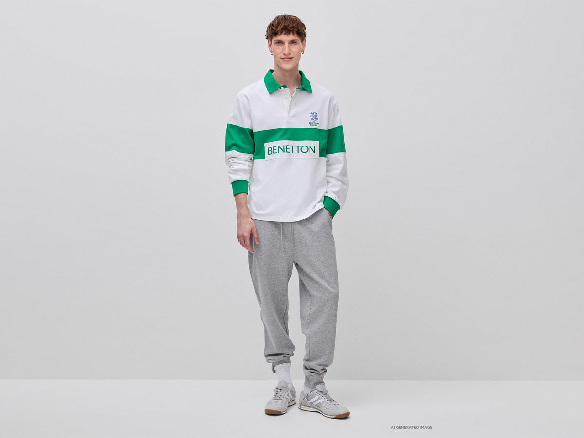 Polo bianca e verde Benetton Rugby 100% cotone