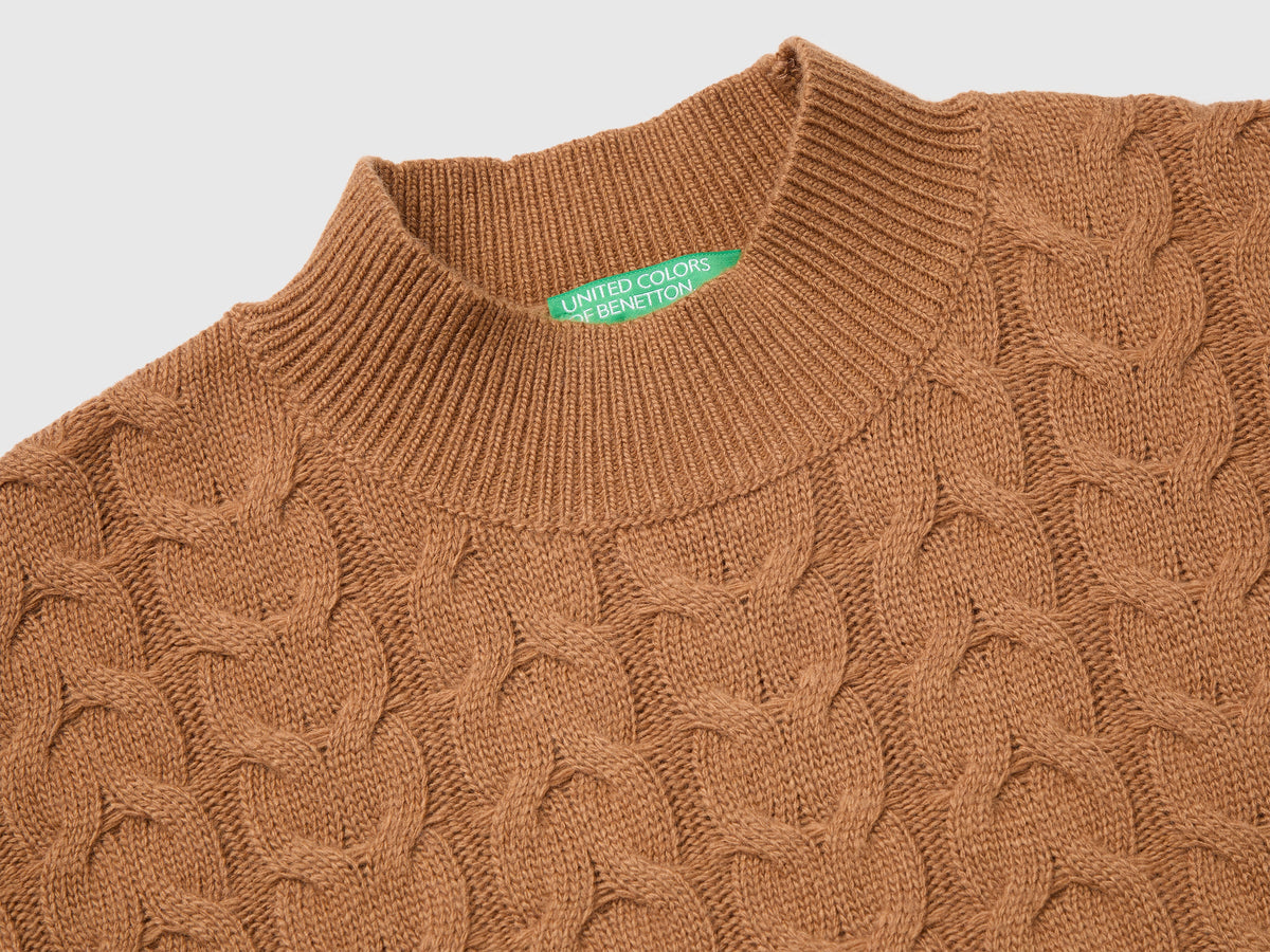 Maglione lupetto con trecce in misto lana e cashmere