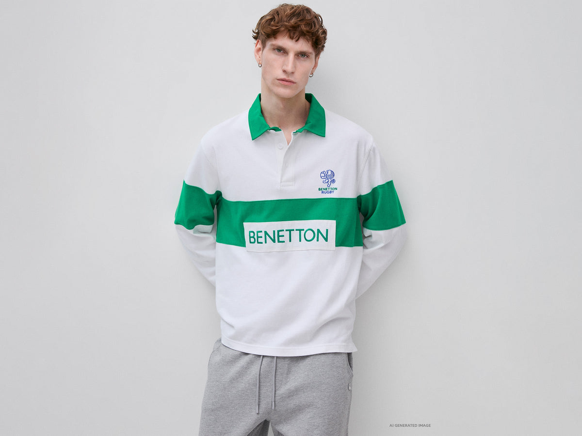 Polo bianca e verde Benetton Rugby 100% cotone