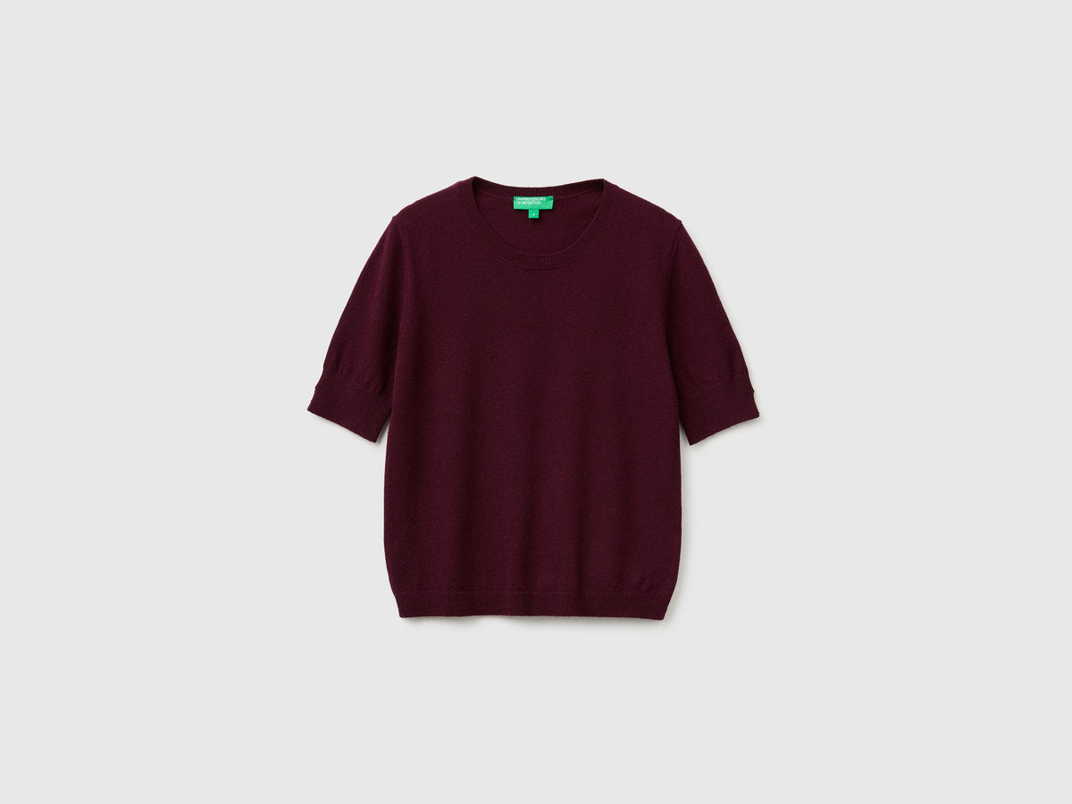 Maglia manica corta prugna in pura lana Merino