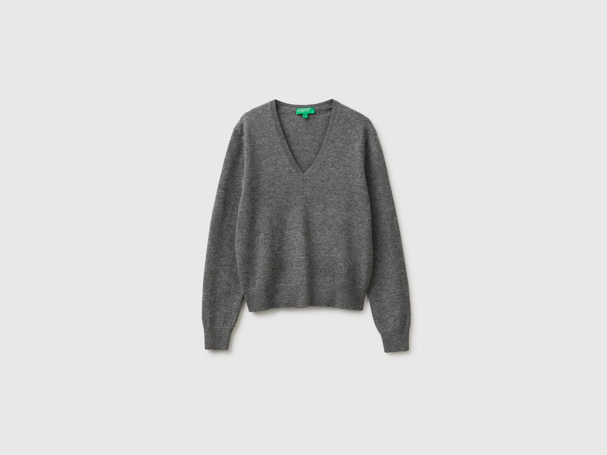 Maglia scollo a V grigia in pura lana Merino