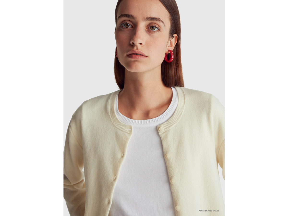 Cardigan girocollo panna in pura lana Merino