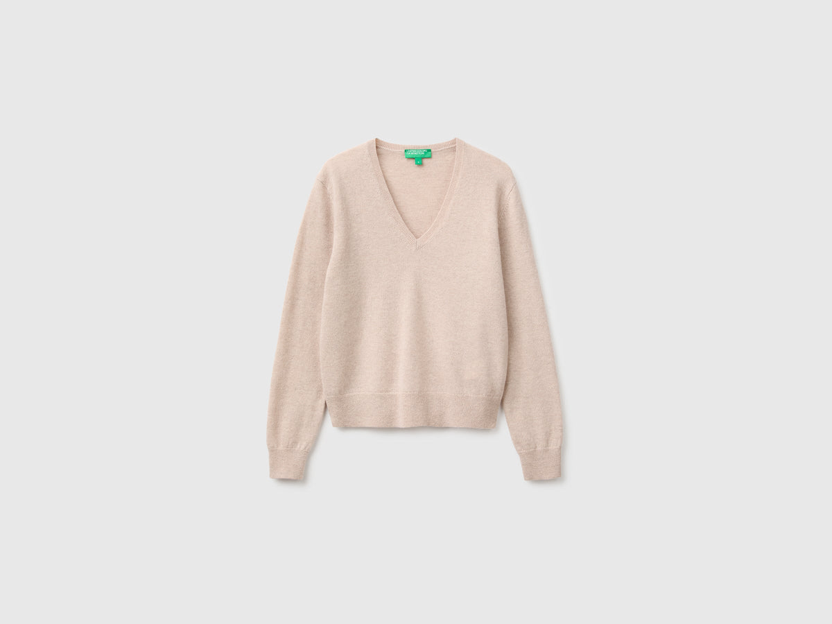 Maglia scollo a V beige in pura lana Merino