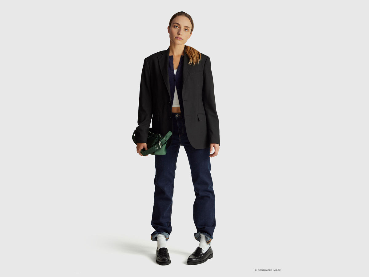 Cardigan girocollo blu scuro in pura lana Merino