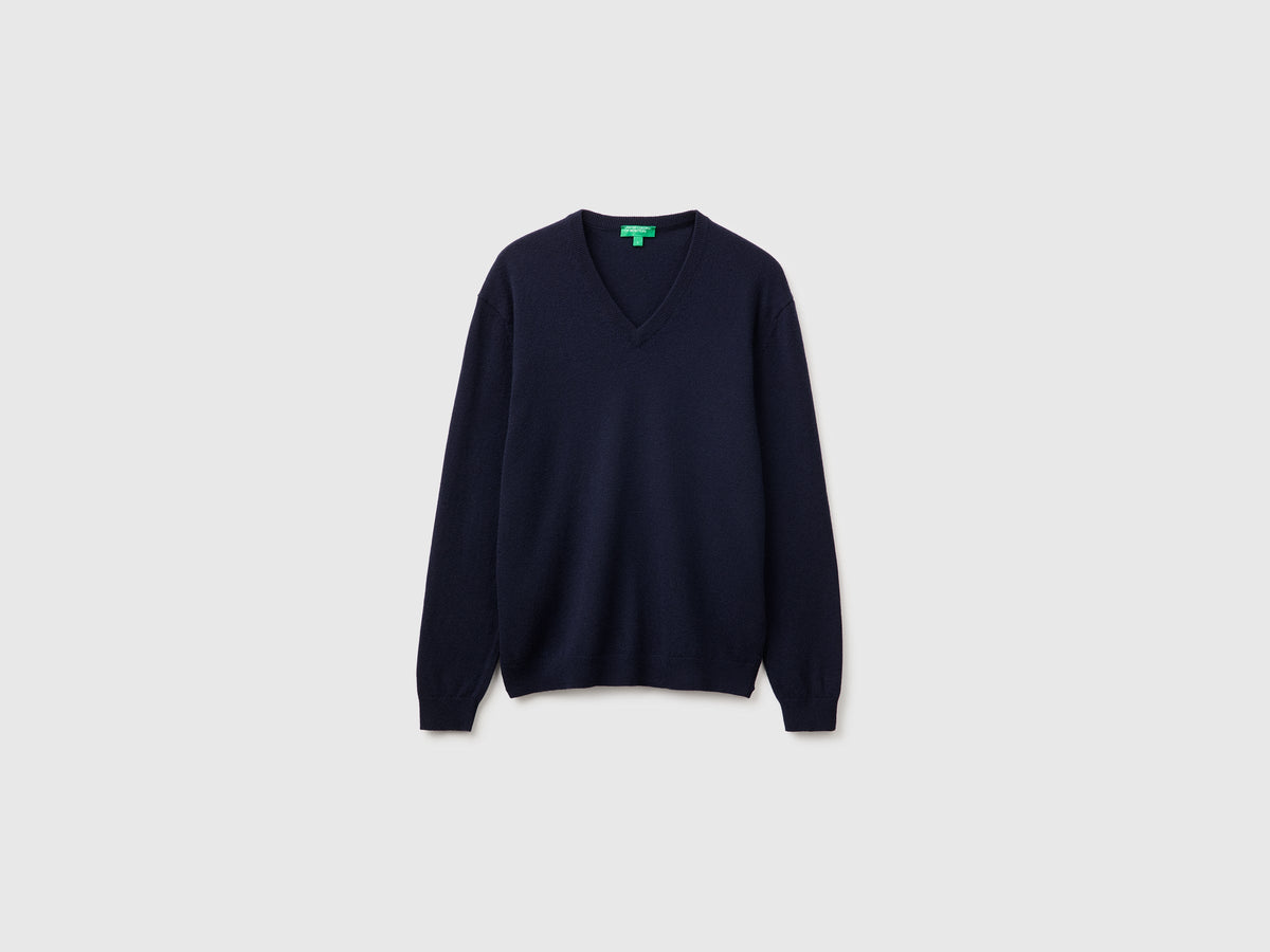 Maglia scollo a V blu notte in pura lana Merino