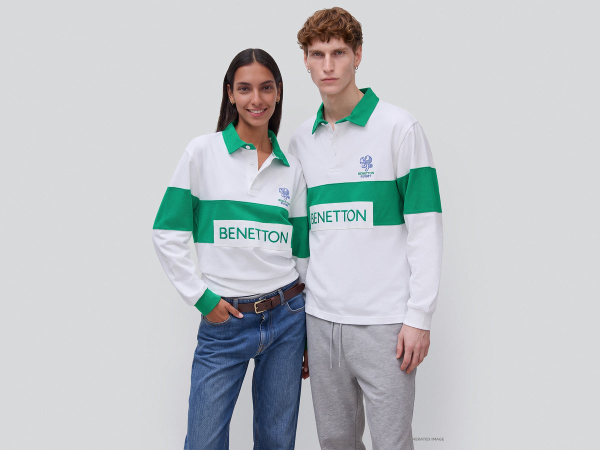 Polo bianca e verde Benetton Rugby 100% cotone