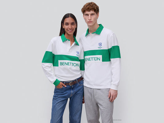 Polo bianca e verde Benetton Rugby 100% cotone