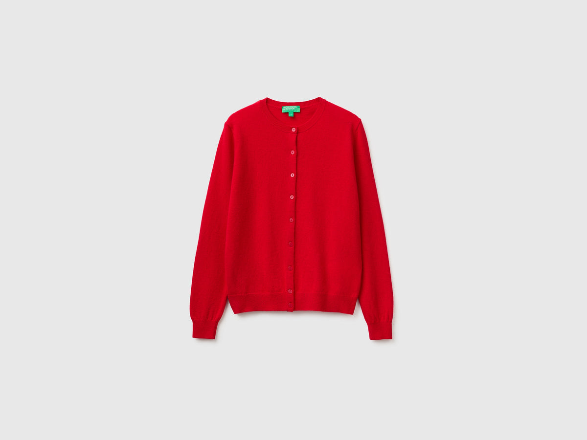 Cardigan girocollo rosso prugna in pura lana Merino