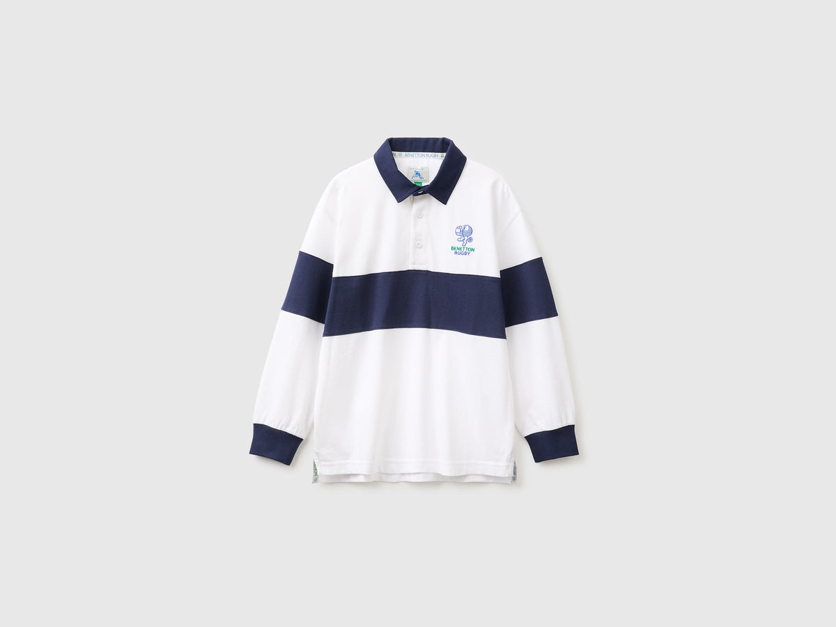Polo bianca e blu Benetton Rugby in cotone bio