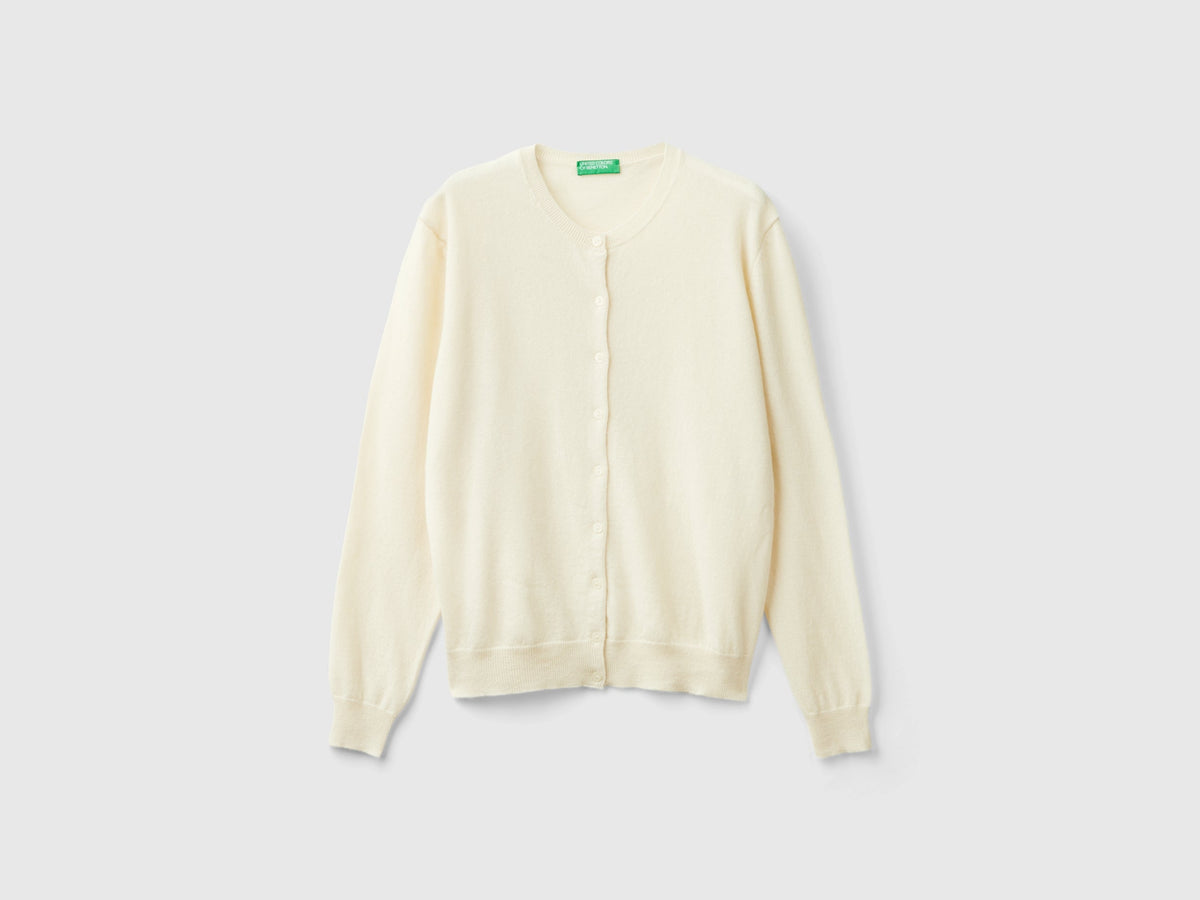 Cardigan girocollo panna in pura lana Merino