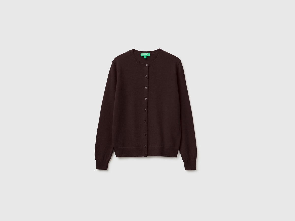 Cardigan girocollo cioccolato in pura lana Merino