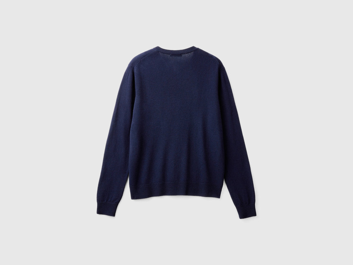 Cardigan girocollo blu scuro in pura lana Merino