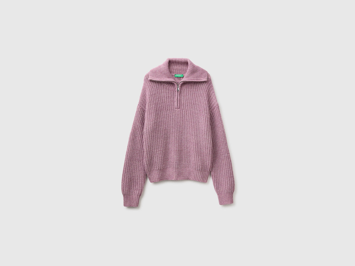 Maglia mélange con collo alto e mezza zip