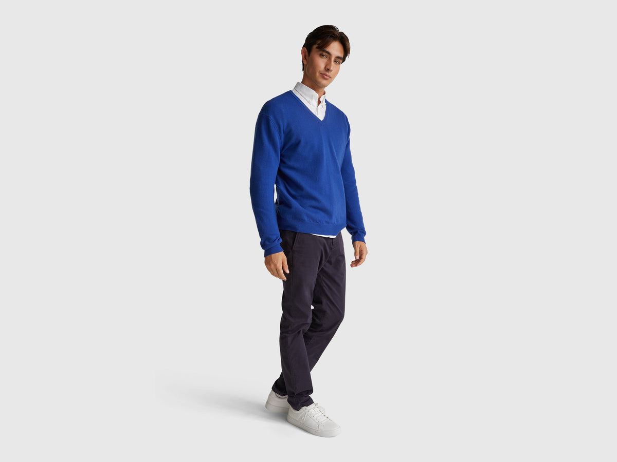 Maglia scollo a V bluette in pura lana Merino