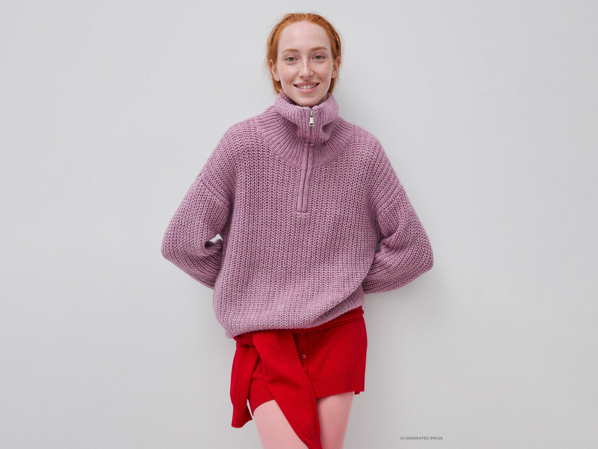 Maglia mélange con collo alto e mezza zip