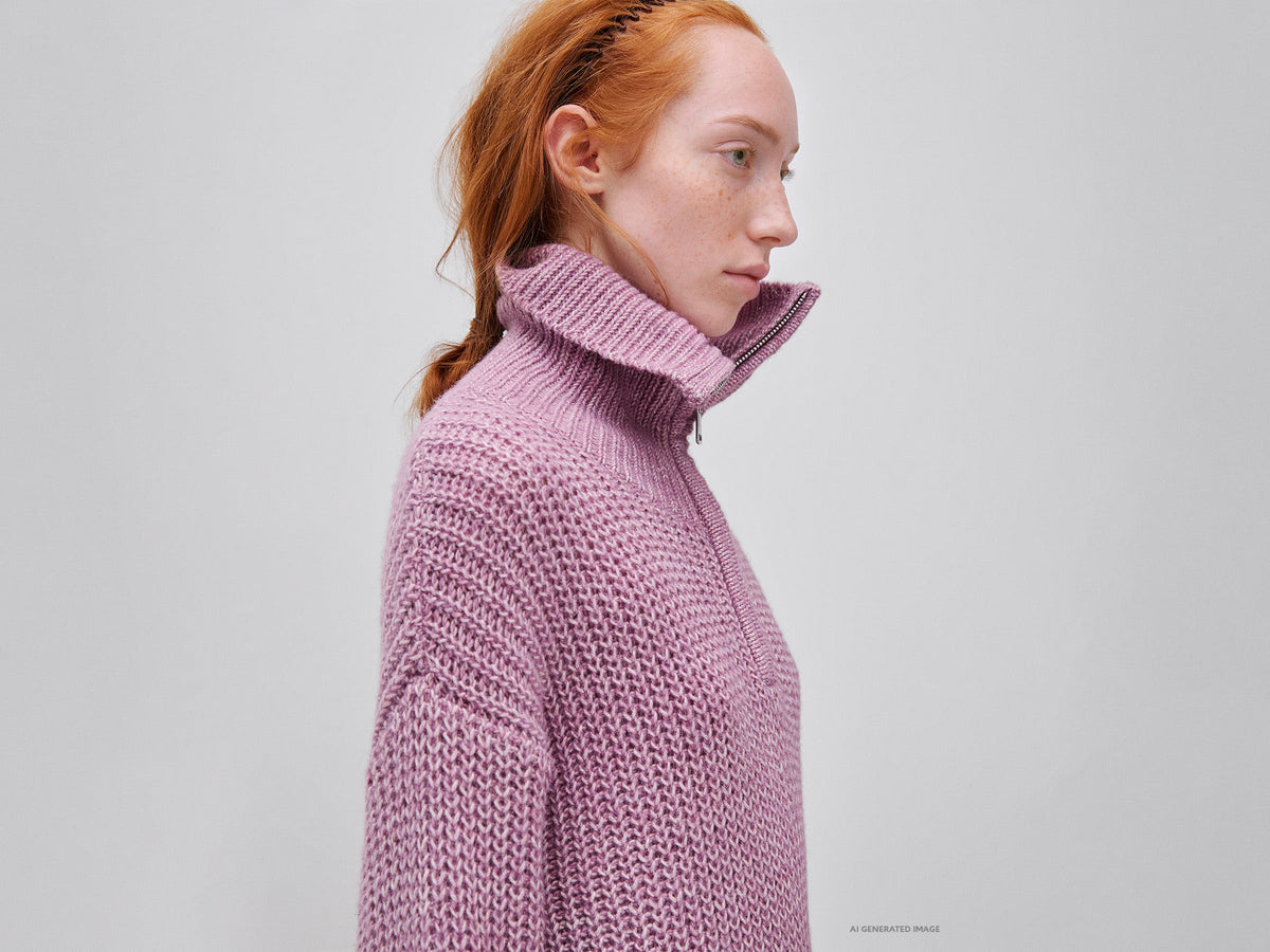 Maglia mélange con collo alto e mezza zip