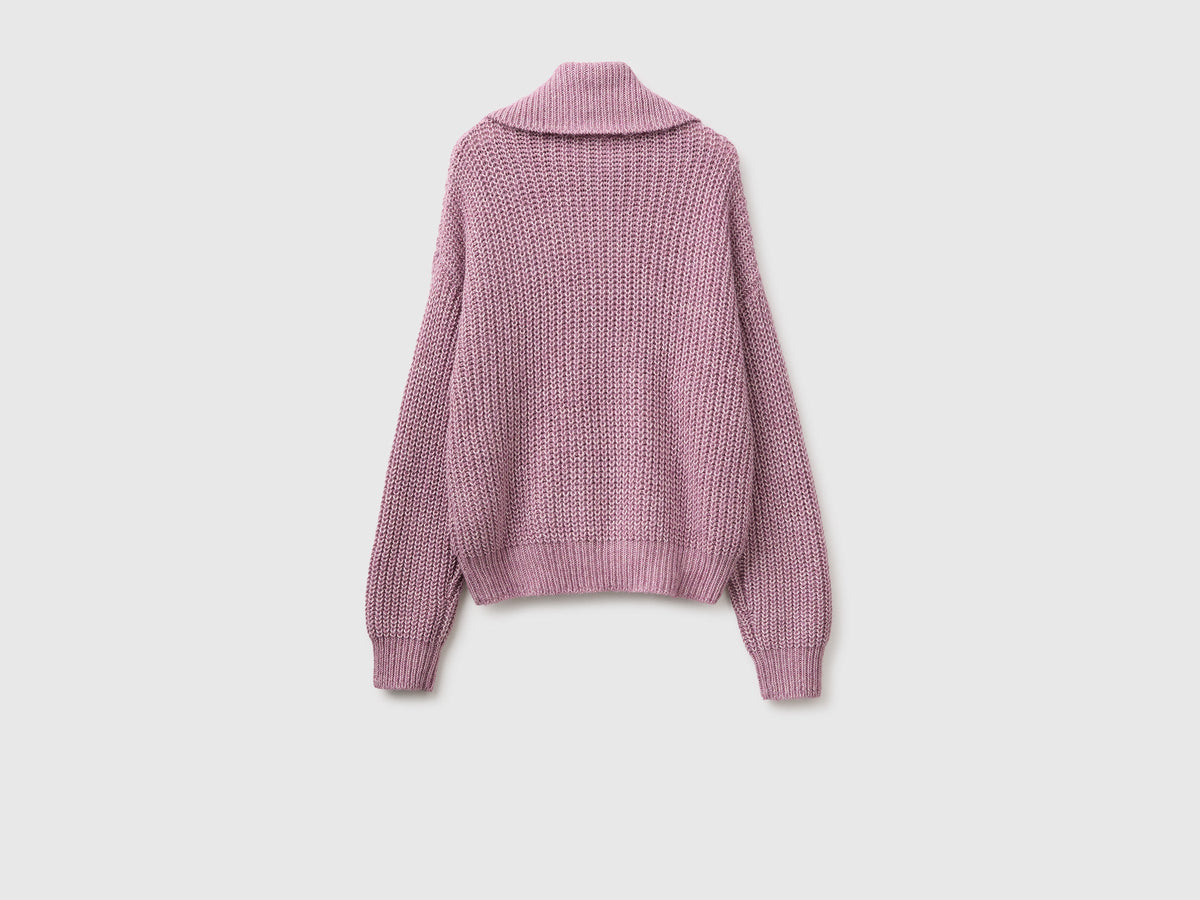 Maglia mélange con collo alto e mezza zip