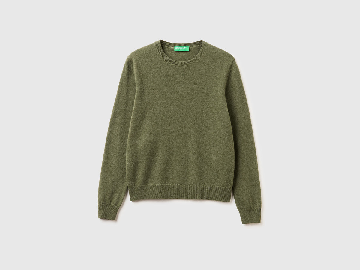 Maglia girocollo verde militare in pura lana Merino