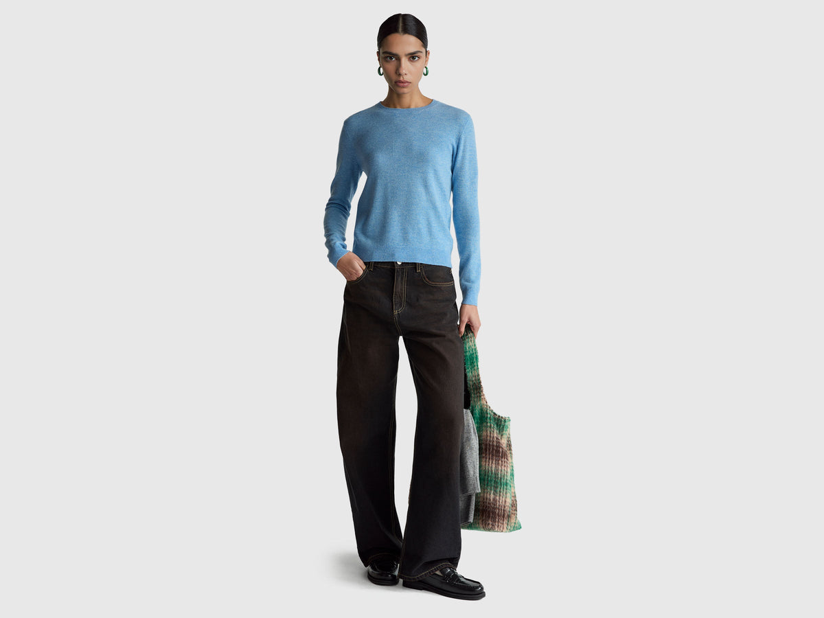 Maglia girocollo azzurro in lana Merino