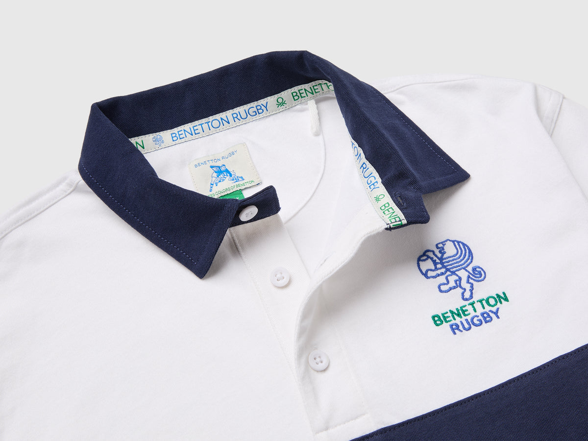Polo bianca e blu Benetton Rugby in cotone bio