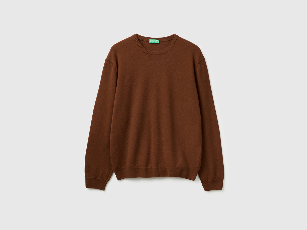 Maglia girocollo marrone scuro in pura lana Merino