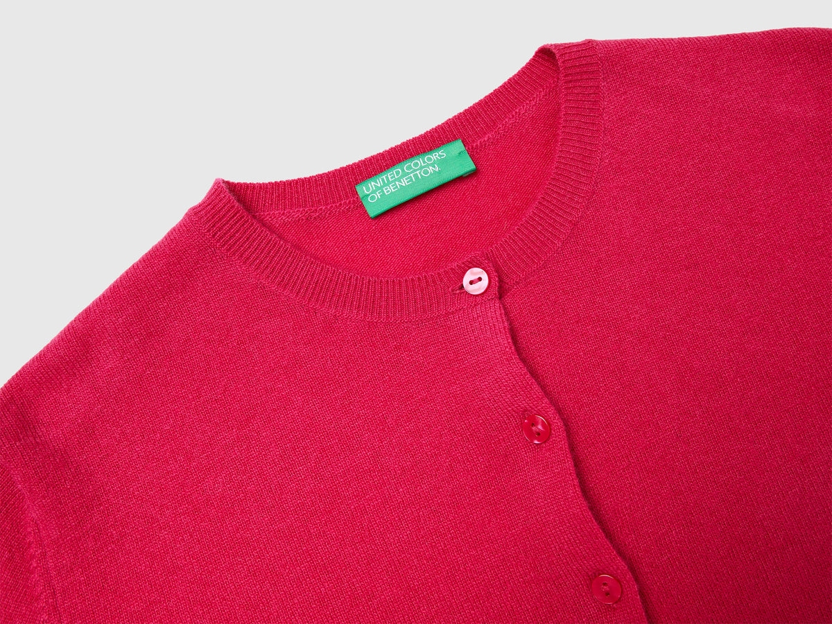 Cardigan girocollo fucsia in pura lana Merino