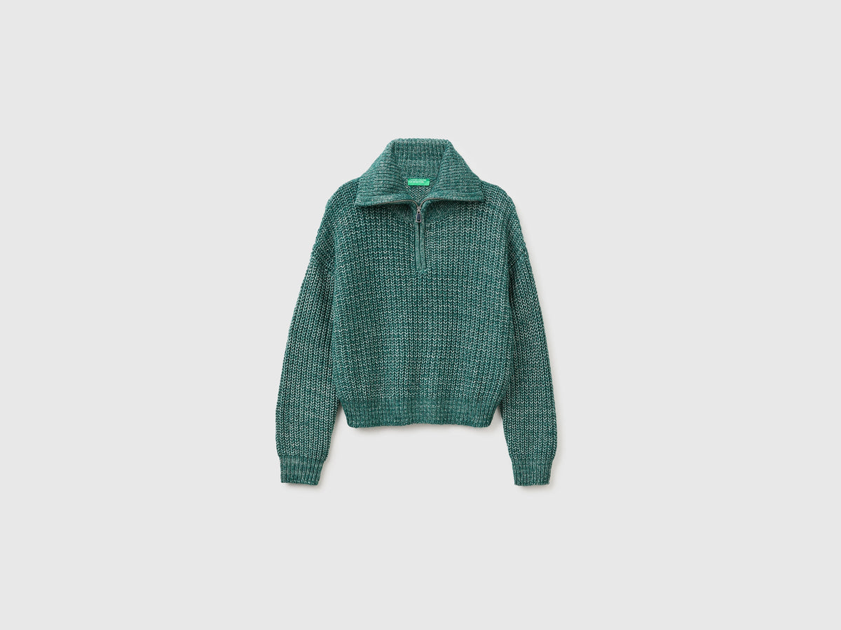 Maglia mélange con collo alto e mezza zip