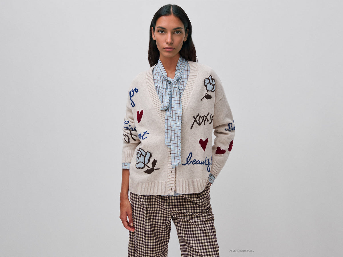 Cardigan 100% lana con intarsio floreale