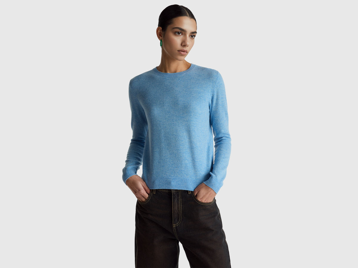Maglia girocollo azzurro in lana Merino