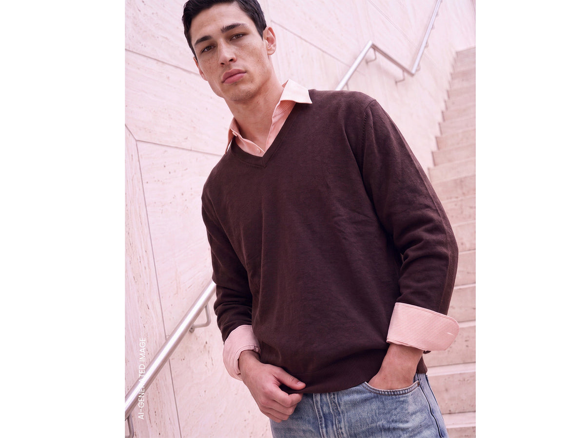 Maglia scollo a V marrone testa di moro in pura lana Merino