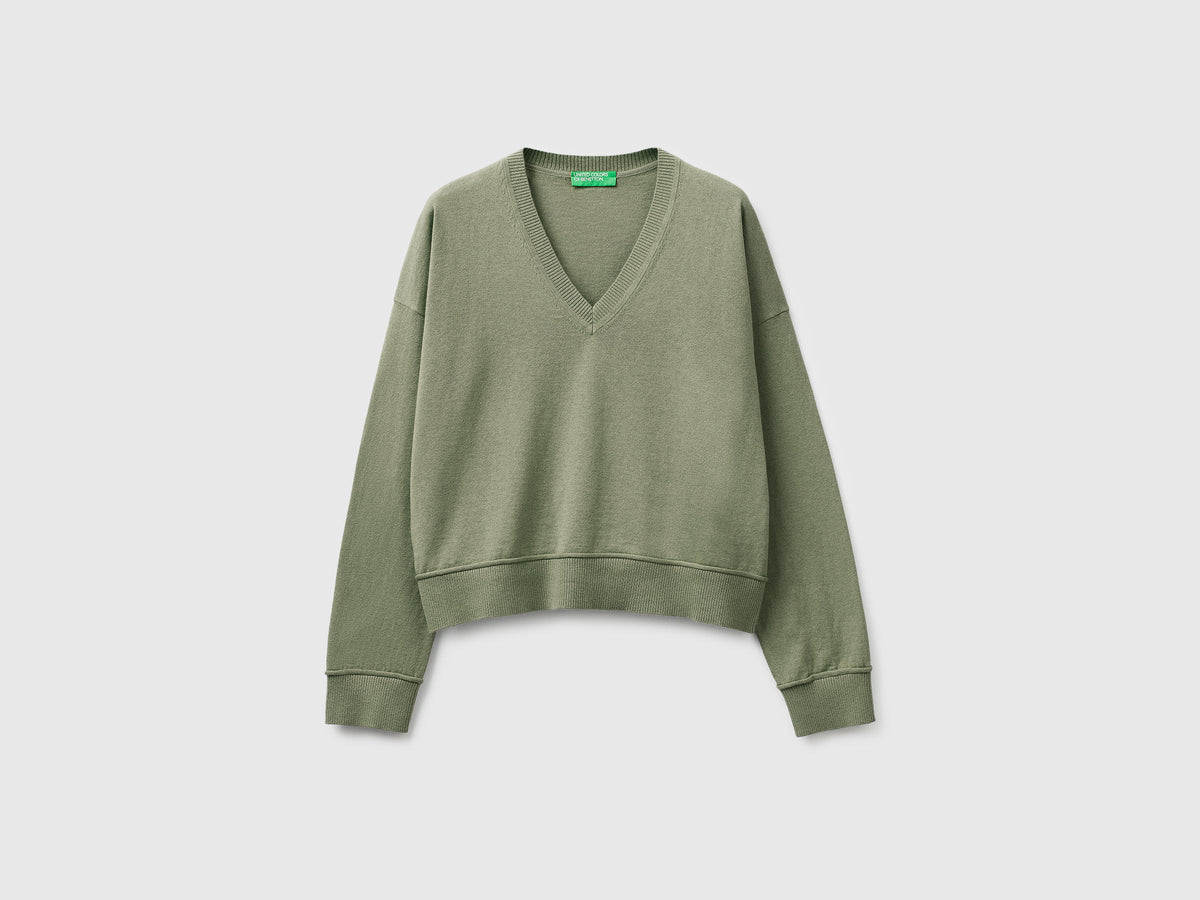 Maglia scollo a V in cotone e lana