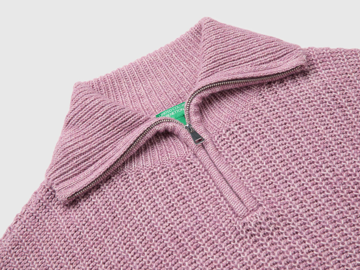Maglia mélange con collo alto e mezza zip