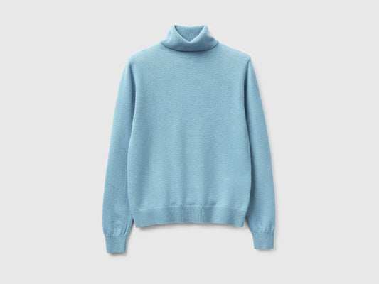 Maglione dolcevita celeste in pura lana Merino