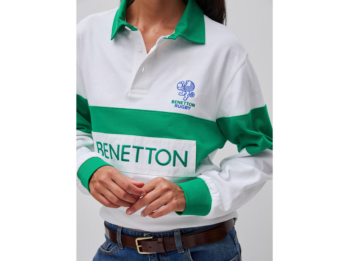 Polo bianca e verde Benetton Rugby 100% cotone
