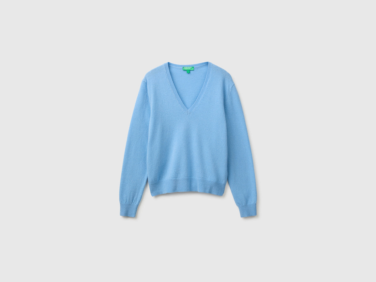 Maglia scollo a V azzurra in pura lana Merino